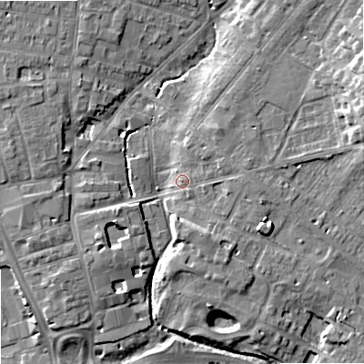 Shaded relief map of the ground around ST163NE, computed from Environment Agency LiDAR. The ground here sits at about 79 m above sea level and falls 11 m across the surrounding 800 m. Surface water reaching this point runs off ground lying to the east, 3.1 m higher.
