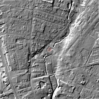Shaded relief map of the ground around ST163NF, computed from Environment Agency LiDAR. The ground here sits at about 77 m above sea level and falls 8 m across the surrounding 800 m. Surface water reaching this point runs off ground lying to the north, 5.9 m higher.