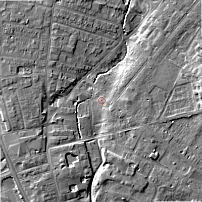 Shaded relief map of the ground around ST163PR, computed from Environment Agency LiDAR. The ground here sits at about 78 m above sea level and falls 9 m across the surrounding 800 m. Surface water reaching this point runs off ground lying to the east-south-east, 3.1 m higher.