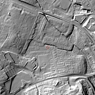 Shaded relief map of the ground around ST163SF, computed from Environment Agency LiDAR. The ground here sits at about 78 m above sea level and falls 23 m across the surrounding 800 m. Surface water reaching this point runs off ground lying to the south, 20.9 m higher.