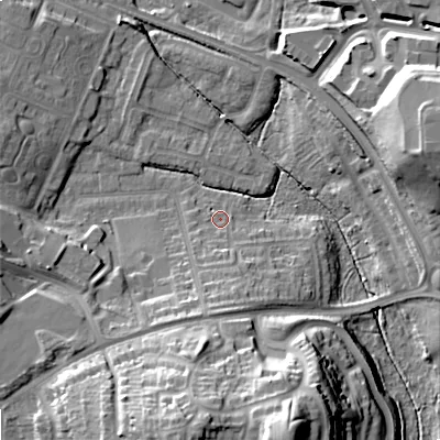 Shaded relief map of the ground around ST163SQ, computed from Environment Agency LiDAR. The ground here sits at about 79 m above sea level and falls 29 m across the surrounding 800 m. Surface water reaching this point runs off ground lying to the south, 4.1 m higher.