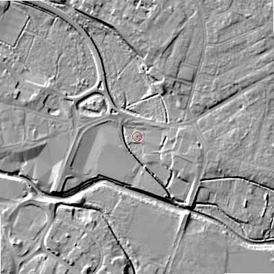 Shaded relief map of the ground around ST163TA, computed from Environment Agency LiDAR. The ground here sits at about 74 m above sea level and falls 8 m across the surrounding 800 m. Surface water reaching this point runs off ground lying to the south-west, 3.1 m higher.