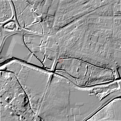 Shaded relief map of the ground around ST163TH, computed from Environment Agency LiDAR. The ground here sits at about 75 m above sea level and falls 8 m across the surrounding 800 m. Surface water reaching this point runs off ground lying to the north-north-west, 2.6 m higher.