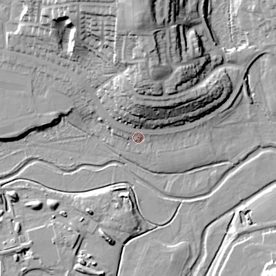 Shaded relief map of the ground around ST163UE, computed from Environment Agency LiDAR. The ground here sits at about 76 m above sea level and falls 34 m across the surrounding 800 m. Surface water reaching this point runs off ground lying to the north, 15.4 m higher.