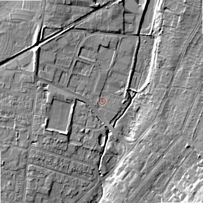 Shaded relief map of the ground around ST163UF, computed from Environment Agency LiDAR. The ground here sits at about 78 m above sea level and falls 10 m across the surrounding 800 m. Surface water reaching this point runs off ground lying to the north-north-west, 2.1 m higher.