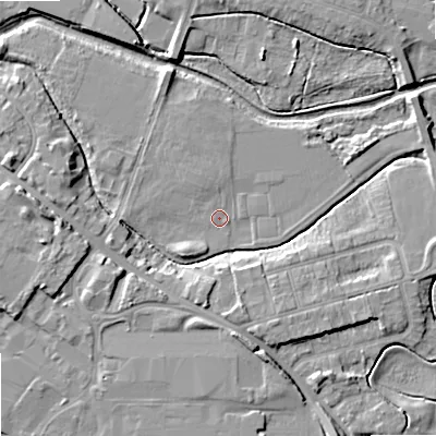 Shaded relief map of the ground around ST163WB, computed from Environment Agency LiDAR. The ground here sits at about 74 m above sea level and falls 8 m across the surrounding 800 m. Surface water reaching this point runs off ground lying to the west, 6.9 m higher.