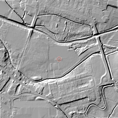 Shaded relief map of the ground around ST163ZH, computed from Environment Agency LiDAR. The ground here sits at about 74 m above sea level and falls 8 m across the surrounding 800 m. The ground contributing surface water to this point lies to the north-north-west.