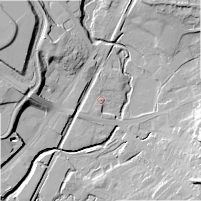 Shaded relief map of the ground around ST16AF, computed from Environment Agency LiDAR. The ground here sits at about 121 m above sea level and falls 28 m across the surrounding 800 m. Surface water reaching this point runs off ground lying to the north, 1.8 m higher.