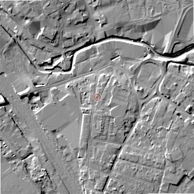 Shaded relief map of the ground around ST174AA, computed from Environment Agency LiDAR. The ground here sits at about 77 m above sea level and falls 9 m across the surrounding 800 m. Surface water reaching this point runs off ground lying to the south, 1.9 m higher.