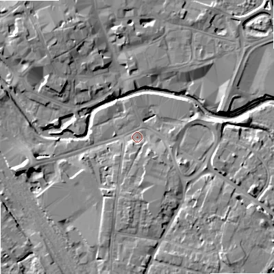 Shaded relief map of the ground around ST174BD, computed from Environment Agency LiDAR. The ground here sits at about 75 m above sea level and falls 9 m across the surrounding 800 m. Surface water reaching this point runs off ground lying to the south-east, 6.6 m higher.