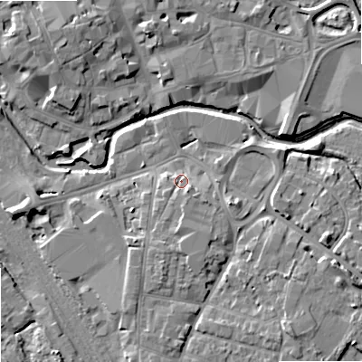 Shaded relief map of the ground around ST174BG, computed from Environment Agency LiDAR. The ground here sits at about 76 m above sea level and falls 9 m across the surrounding 800 m. Surface water reaching this point runs off ground lying to the south-south-west, 2.7 m higher.