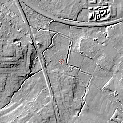 Shaded relief map of the ground around ST174EB, computed from Environment Agency LiDAR. The ground here sits at about 74 m above sea level and falls 13 m across the surrounding 800 m. Surface water reaching this point runs off ground lying to the west, 10.2 m higher.