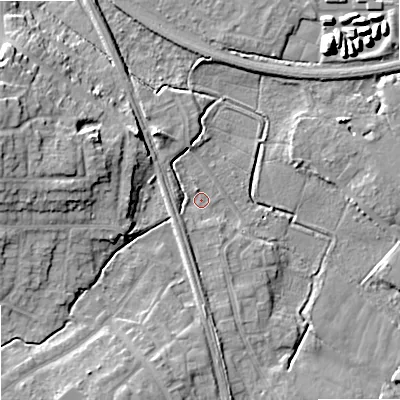 Shaded relief map of the ground around ST174ED, computed from Environment Agency LiDAR. The ground here sits at about 75 m above sea level and falls 15 m across the surrounding 800 m. Surface water reaching this point runs off ground lying to the south, 3.5 m higher.
