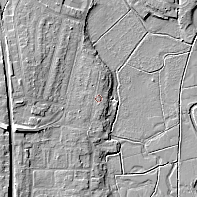 Shaded relief map of the ground around ST174EZ, computed from Environment Agency LiDAR. The ground here sits at about 76 m above sea level and falls 13 m across the surrounding 800 m. Surface water reaching this point runs off ground lying to the west, 0.5 m higher.