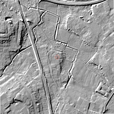 Shaded relief map of the ground around ST174FF, computed from Environment Agency LiDAR. The ground here sits at about 76 m above sea level and falls 12 m across the surrounding 800 m. Surface water reaching this point runs off ground lying to the south-west, 3.2 m higher.