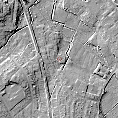 Shaded relief map of the ground around ST174FJ, computed from Environment Agency LiDAR. The ground here sits at about 75 m above sea level and falls 12 m across the surrounding 800 m. Surface water reaching this point runs off ground lying to the west, 2.7 m higher.