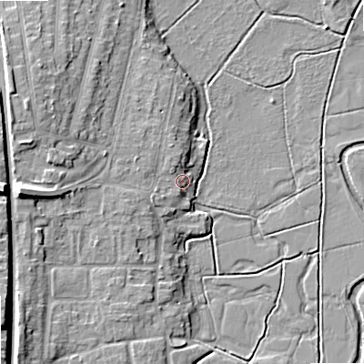Shaded relief map of the ground around ST174HA, computed from Environment Agency LiDAR. The ground here sits at about 75 m above sea level and falls 13 m across the surrounding 800 m. Surface water reaching this point runs off ground lying to the west, 10.0 m higher.