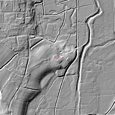 Shaded relief map of the ground around ST174HF, computed from Environment Agency LiDAR. The ground here sits at about 77 m above sea level and falls 7 m across the surrounding 800 m. Surface water reaching this point runs off ground lying to the south-south-east, 1.8 m higher.