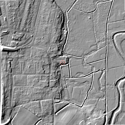 Shaded relief map of the ground around ST174HZ, computed from Environment Agency LiDAR. The ground here sits at about 75 m above sea level and falls 12 m across the surrounding 800 m. Surface water reaching this point runs off ground lying to the west-south-west, 9.6 m higher.