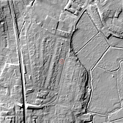 Shaded relief map of the ground around ST174JD, computed from Environment Agency LiDAR. The ground here sits at about 76 m above sea level and falls 15 m across the surrounding 800 m. Surface water reaching this point runs off ground lying to the west-south-west, 5.4 m higher.