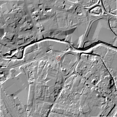 Shaded relief map of the ground around ST174JX, computed from Environment Agency LiDAR. The ground here sits at about 76 m above sea level and falls 8 m across the surrounding 800 m. Surface water reaching this point runs off ground lying to the south-south-east, 4.8 m higher.