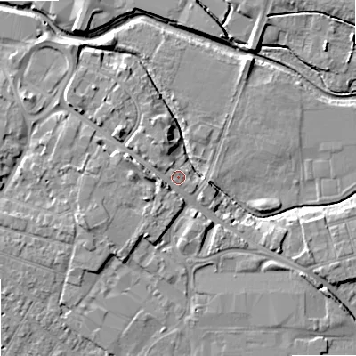 Shaded relief map of the ground around ST174LJ, computed from Environment Agency LiDAR. The ground here sits at about 77 m above sea level and falls 8 m across the surrounding 800 m. Surface water reaching this point runs off ground lying to the west-south-west, 3.5 m higher.