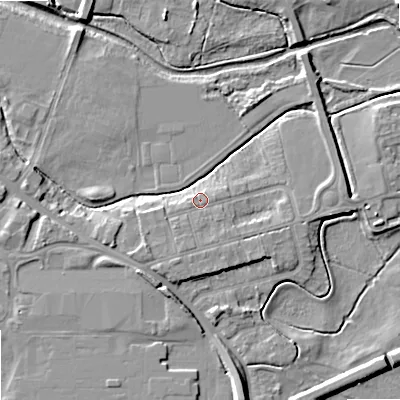 Shaded relief map of the ground around ST174LZ, computed from Environment Agency LiDAR. The ground here sits at about 76 m above sea level and falls 8 m across the surrounding 800 m. Surface water reaching this point runs off ground lying to the south-south-west, 1.7 m higher.