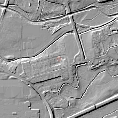 Shaded relief map of the ground around ST174NA, computed from Environment Agency LiDAR. The ground here sits at about 75 m above sea level and falls 8 m across the surrounding 800 m. Surface water reaching this point runs off ground lying to the south-west, 3.3 m higher.