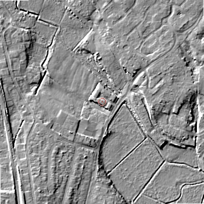 Shaded relief map of the ground around ST174NT, computed from Environment Agency LiDAR. The ground here sits at about 75 m above sea level and falls 9 m across the surrounding 800 m. Surface water reaching this point runs off ground lying to the south-west, 4.5 m higher.