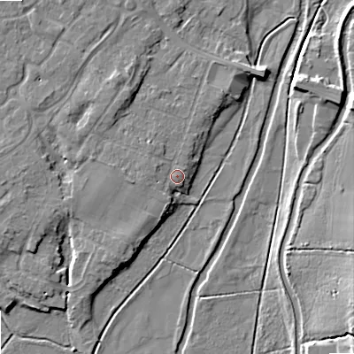 Shaded relief map of the ground around ST174PB, computed from Environment Agency LiDAR. The ground here sits at about 75 m above sea level and falls 10 m across the surrounding 800 m. Surface water reaching this point runs off ground lying to the west-north-west, 1.3 m higher.