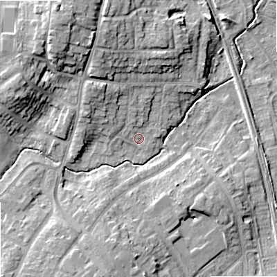 Shaded relief map of the ground around ST179BY, computed from Environment Agency LiDAR. The ground here sits at about 79 m above sea level and falls 18 m across the surrounding 800 m. Surface water reaching this point runs off ground lying to the north-west, 5.9 m higher.