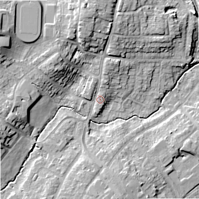 Shaded relief map of the ground around ST179DB, computed from Environment Agency LiDAR. The ground here sits at about 82 m above sea level and falls 18 m across the surrounding 800 m. Surface water reaching this point runs off ground lying to the north-north-east, 3.6 m higher.