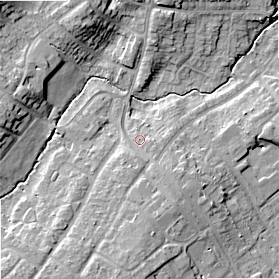 Shaded relief map of the ground around ST179DE, computed from Environment Agency LiDAR. The ground here sits at about 83 m above sea level and falls 15 m across the surrounding 800 m. Surface water reaching this point runs off ground lying to the south, 5.7 m higher.