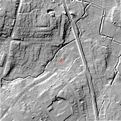 Shaded relief map of the ground around ST179DQ, computed from Environment Agency LiDAR. The ground here sits at about 77 m above sea level and falls 18 m across the surrounding 800 m. Surface water reaching this point runs off ground lying to the south-west, 10.2 m higher.