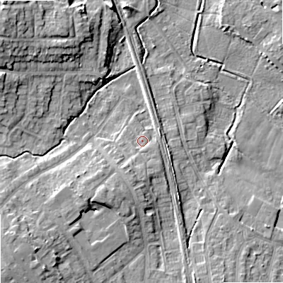 Shaded relief map of the ground around ST179EQ, computed from Environment Agency LiDAR. The ground here sits at about 78 m above sea level and falls 15 m across the surrounding 800 m. Surface water reaching this point runs off ground lying to the south-south-west, 3.6 m higher.