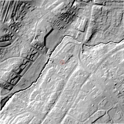 Shaded relief map of the ground around ST179QS, computed from Environment Agency LiDAR. The ground here sits at about 83 m above sea level and falls 22 m across the surrounding 800 m. Surface water reaching this point runs off ground lying to the south-south-east, 1.6 m higher.