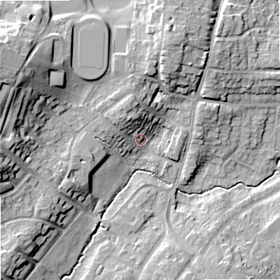 Shaded relief map of the ground around ST179RB, computed from Environment Agency LiDAR. The ground here sits at about 83 m above sea level and falls 22 m across the surrounding 800 m. Surface water reaching this point runs off ground lying to the north-north-west, 7.6 m higher.