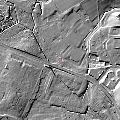 Shaded relief map of the ground around ST180AQ, computed from Environment Agency LiDAR. The ground here sits at about 78 m above sea level and falls 20 m across the surrounding 800 m. Surface water reaching this point runs off ground lying to the east-north-east, 15.0 m higher.