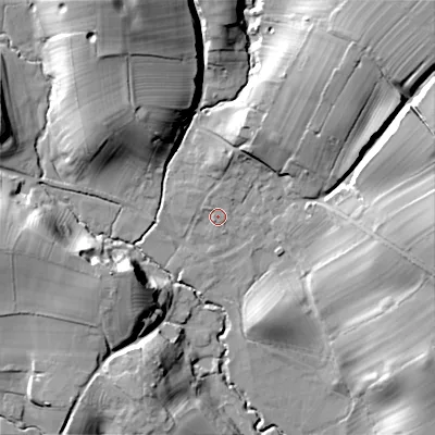 Shaded relief map of the ground around ST180BQ, computed from Environment Agency LiDAR. The ground here sits at about 130 m above sea level and falls 35 m across the surrounding 800 m. Surface water reaching this point runs off ground lying to the north, 4.0 m higher.