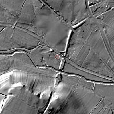 Shaded relief map of the ground around ST180DH, computed from Environment Agency LiDAR. The ground here sits at about 80 m above sea level and falls 34 m across the surrounding 800 m. Surface water reaching this point runs off ground lying to the north-north-east, 11.0 m higher.