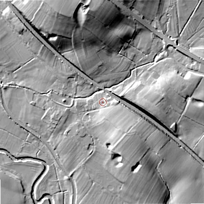 Shaded relief map of the ground around ST180DR, computed from Environment Agency LiDAR. The ground here sits at about 88 m above sea level and falls 32 m across the surrounding 800 m. Surface water reaching this point runs off ground lying to the south-east, 6.8 m higher.
