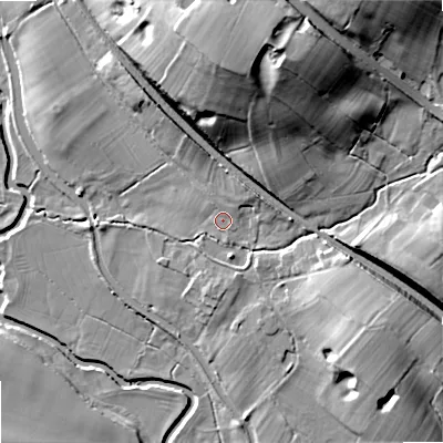 Shaded relief map of the ground around ST180DS, computed from Environment Agency LiDAR. The ground here sits at about 85 m above sea level and falls 32 m across the surrounding 800 m. Surface water reaching this point runs off ground lying to the north-east, 2.2 m higher.