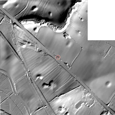 Shaded relief map of the ground around ST180DT, computed from Environment Agency LiDAR. The ground here sits at about 103 m above sea level and falls 31 m across the surrounding 800 m. Surface water reaching this point runs off ground lying to the east-north-east, 5.2 m higher.