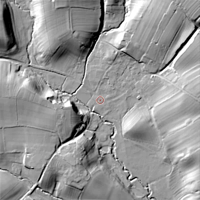 Shaded relief map of the ground around ST180EG, computed from Environment Agency LiDAR. The ground here sits at about 129 m above sea level and falls 30 m across the surrounding 800 m. Surface water reaching this point runs off ground lying to the north-north-east, 4.8 m higher.