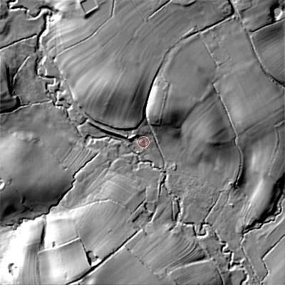 Shaded relief map of the ground around ST180EU, computed from Environment Agency LiDAR. The ground here sits at about 118 m above sea level and falls 37 m across the surrounding 800 m. Surface water reaching this point runs off ground lying to the north, 7.9 m higher.
