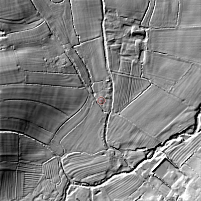 Shaded relief map of the ground around ST180HJ, computed from Environment Agency LiDAR. The ground here sits at about 91 m above sea level and falls 17 m across the surrounding 800 m. Surface water reaching this point runs off ground lying to the west-north-west, 14.1 m higher.