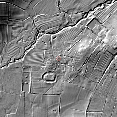 Shaded relief map of the ground around ST180HL, computed from Environment Agency LiDAR. The ground here sits at about 89 m above sea level and falls 16 m across the surrounding 800 m. Surface water reaching this point runs off ground lying to the east, 1.7 m higher.