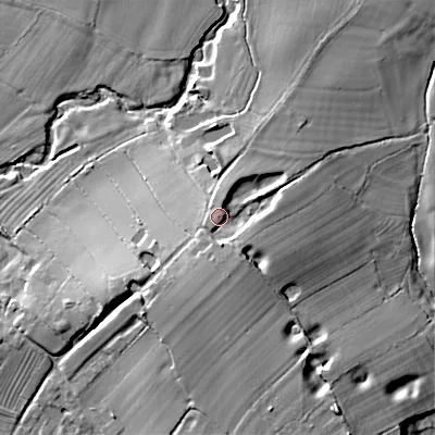 Shaded relief map of the ground around ST180HQ, computed from Environment Agency LiDAR. The ground here sits at about 104 m above sea level and falls 18 m across the surrounding 800 m. Surface water reaching this point runs off ground lying to the south, 5.1 m higher.