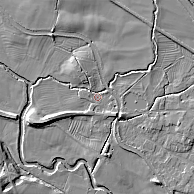 Shaded relief map of the ground around ST180HU, computed from Environment Agency LiDAR. The ground here sits at about 78 m above sea level and falls 15 m across the surrounding 800 m. Surface water reaching this point runs off ground lying to the south-east, 4.5 m higher.