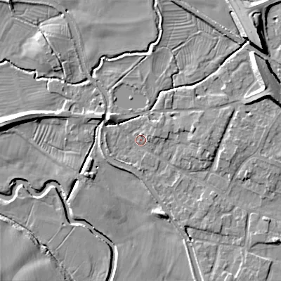 Shaded relief map of the ground around ST180HZ, computed from Environment Agency LiDAR. The ground here sits at about 78 m above sea level and falls 12 m across the surrounding 800 m. Surface water reaching this point runs off ground lying to the north-east, 10.3 m higher.